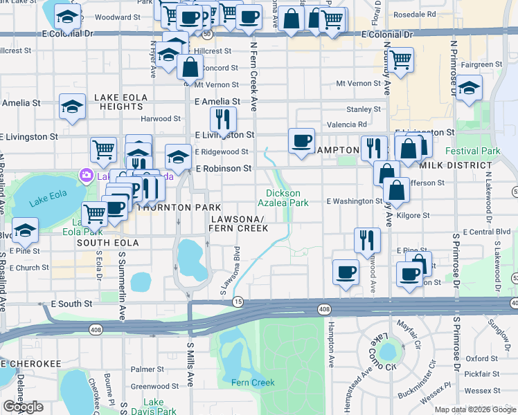 map of restaurants, bars, coffee shops, grocery stores, and more near 15 North Fern Creek Avenue in Orlando