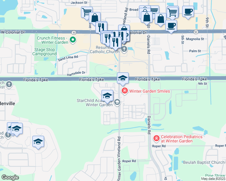 map of restaurants, bars, coffee shops, grocery stores, and more near 1321 Eastern Pecan Place in Winter Garden