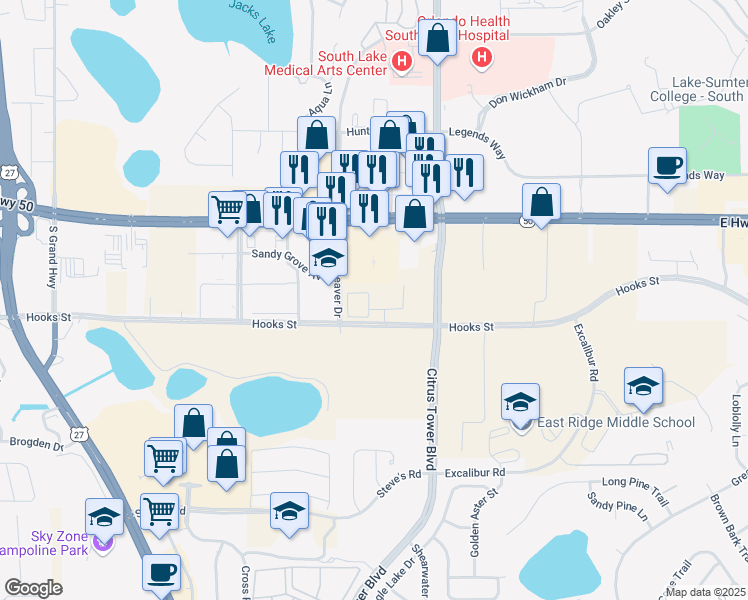 map of restaurants, bars, coffee shops, grocery stores, and more near 1700 Hooks Street in Clermont
