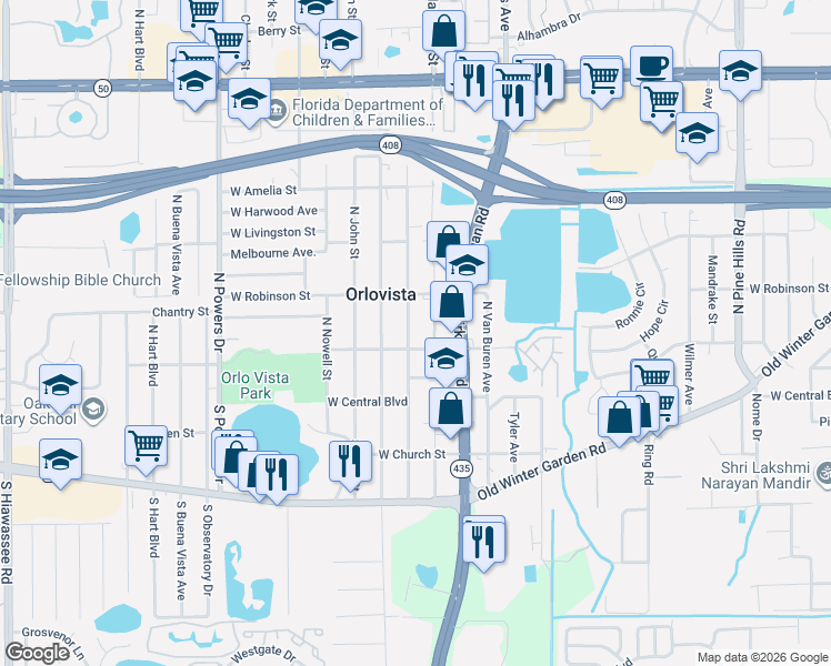 map of restaurants, bars, coffee shops, grocery stores, and more near 118 North Normandale Avenue in Orlando