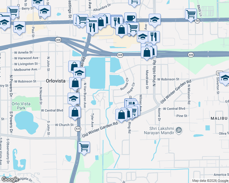 map of restaurants, bars, coffee shops, grocery stores, and more near 210 Ronnie Circle in Orlando