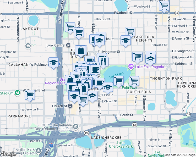 map of restaurants, bars, coffee shops, grocery stores, and more near in Orlando