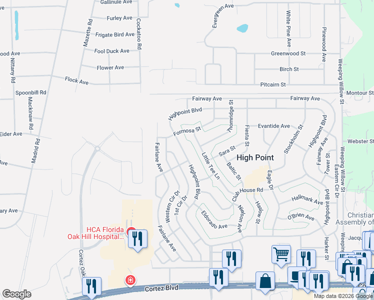 map of restaurants, bars, coffee shops, grocery stores, and more near 8080 Highpoint Boulevard in Brooksville