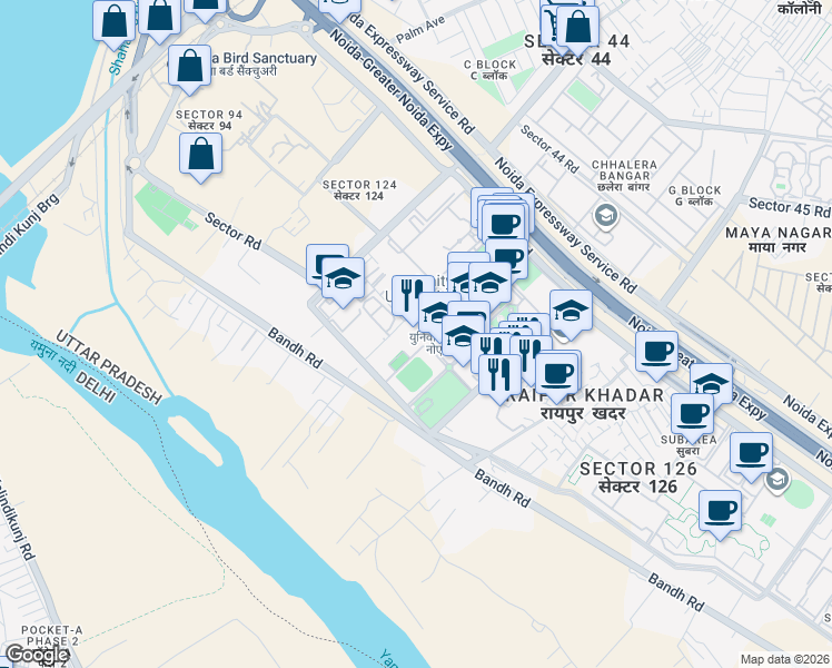 map of restaurants, bars, coffee shops, grocery stores, and more near in Noida