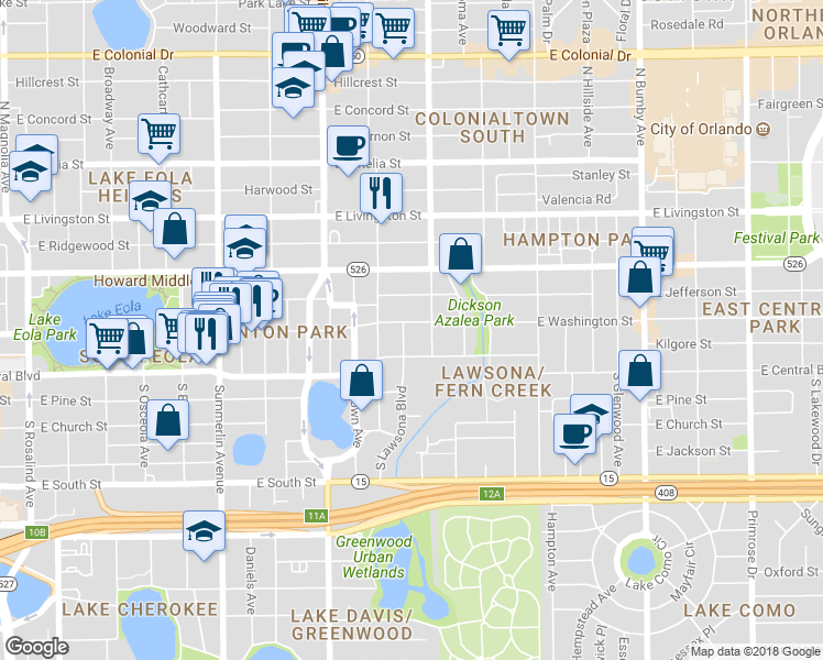 map of restaurants, bars, coffee shops, grocery stores, and more near 16 North Lawsona Boulevard in Orlando