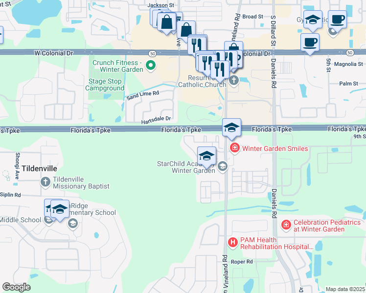 map of restaurants, bars, coffee shops, grocery stores, and more near 316 Southern Pecan Circle in Winter Garden