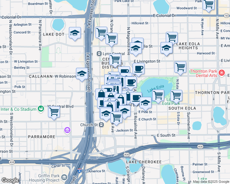 map of restaurants, bars, coffee shops, grocery stores, and more near in Orlando