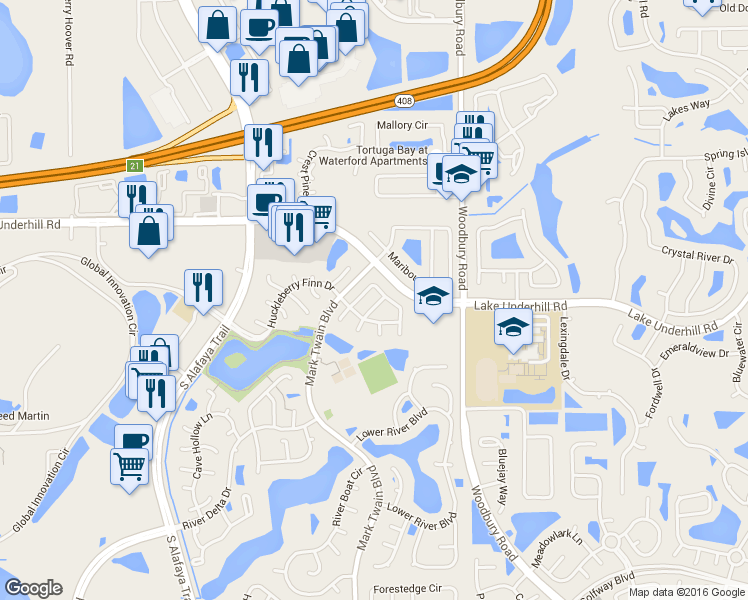 map of restaurants, bars, coffee shops, grocery stores, and more near 102 Rapscallion Drive in Orlando