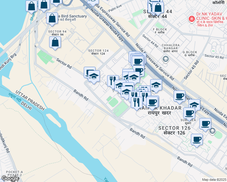 map of restaurants, bars, coffee shops, grocery stores, and more near Sector Road in Noida