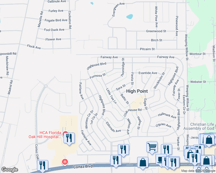map of restaurants, bars, coffee shops, grocery stores, and more near 8089 Little Tee Lane in Brooksville