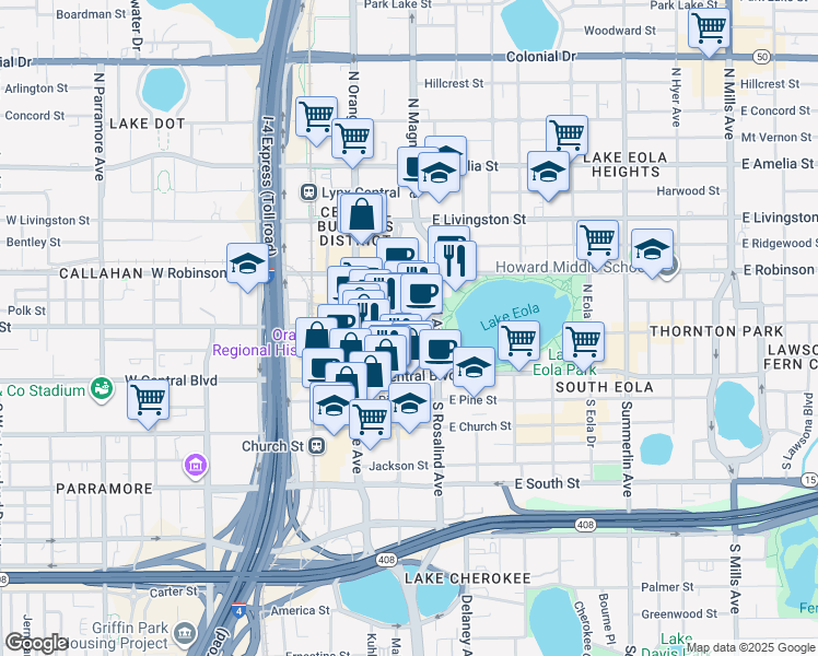 map of restaurants, bars, coffee shops, grocery stores, and more near in Orlando