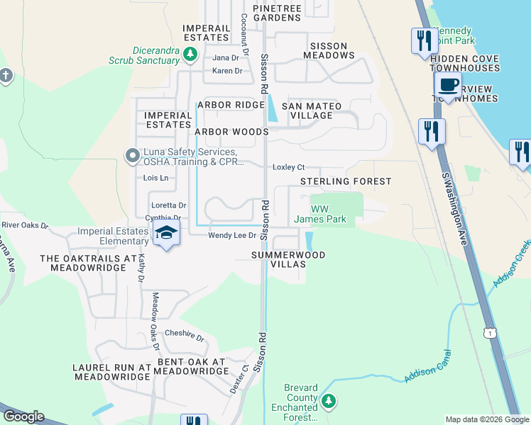map of restaurants, bars, coffee shops, grocery stores, and more near 5474 Sisson Road in Titusville