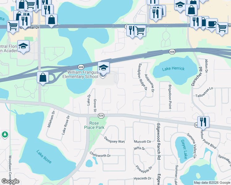 map of restaurants, bars, coffee shops, grocery stores, and more near 309 Baywest Neighbors Circle in Orlando
