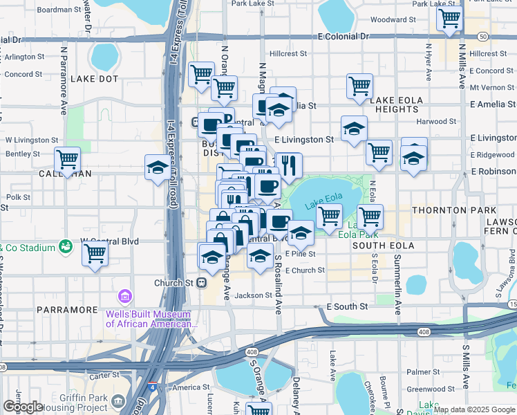 map of restaurants, bars, coffee shops, grocery stores, and more near in Orlando
