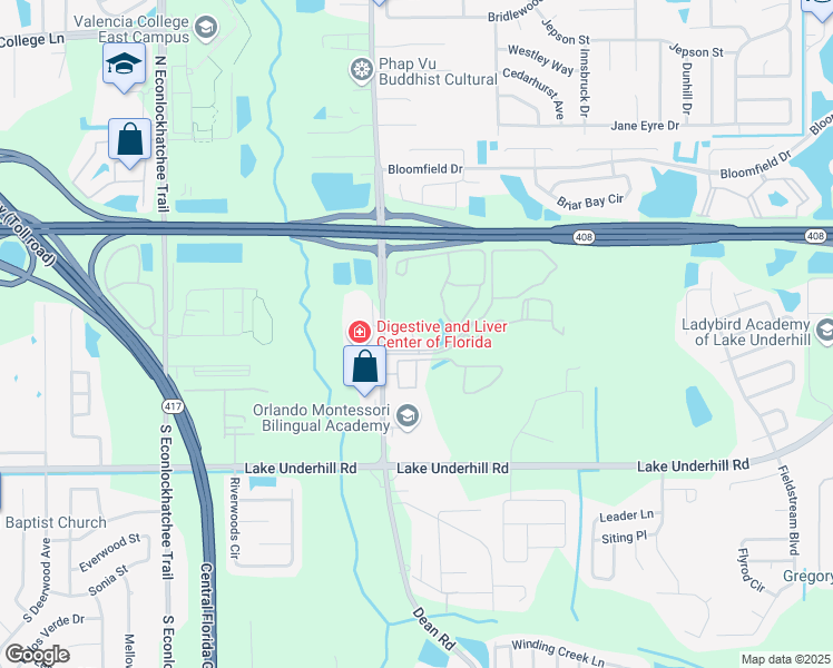 map of restaurants, bars, coffee shops, grocery stores, and more near 10055 Eastmar Commons Boulevard in Orlando