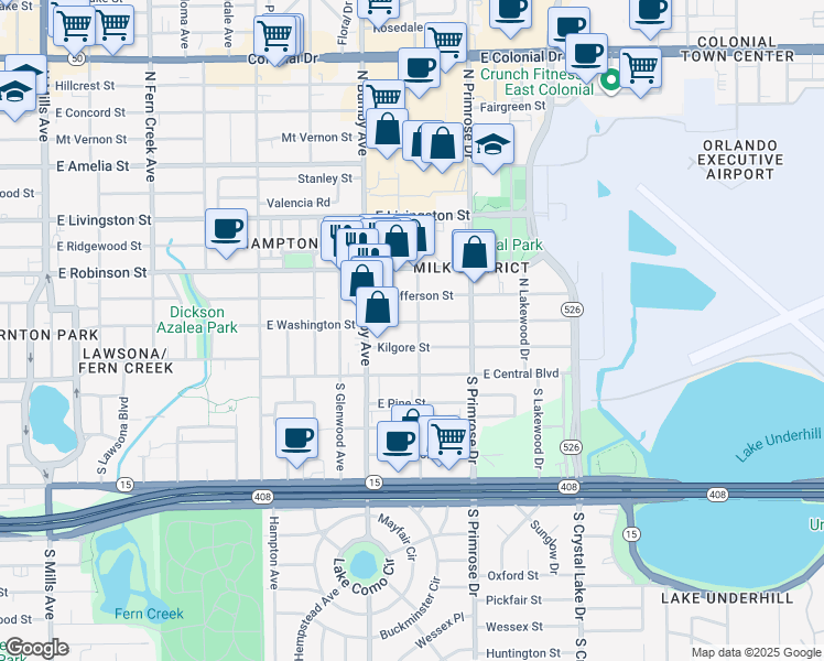 map of restaurants, bars, coffee shops, grocery stores, and more near 2605 Kilgore Street in Orlando
