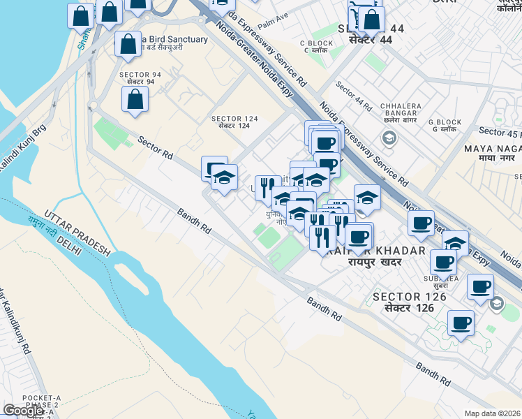 map of restaurants, bars, coffee shops, grocery stores, and more near Raipur Marg in Noida