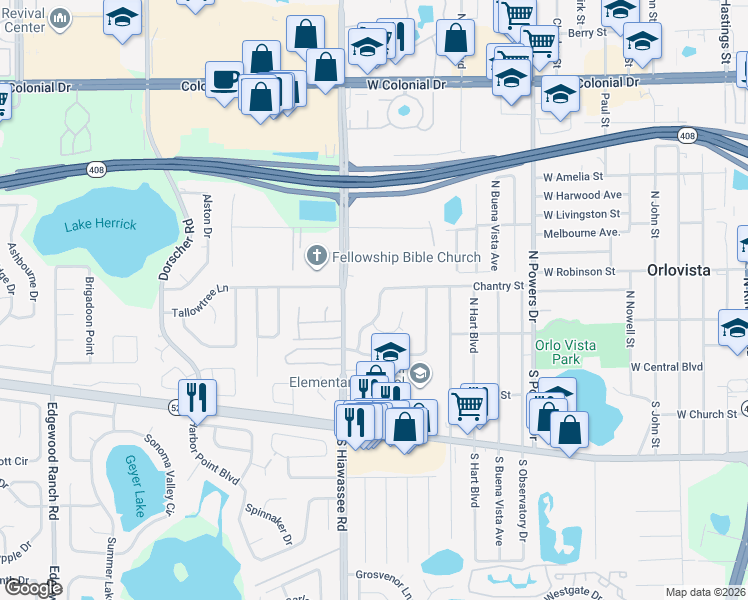 map of restaurants, bars, coffee shops, grocery stores, and more near 6622 Chantry Street in Orlando