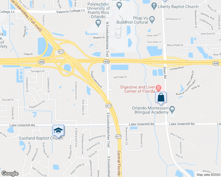 map of restaurants, bars, coffee shops, grocery stores, and more near 25 North Econlockhatchee Trail in Orlando