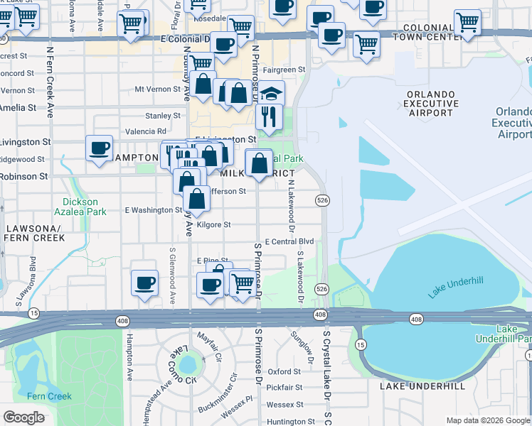 map of restaurants, bars, coffee shops, grocery stores, and more near 781 Maguire Boulevard in Orlando