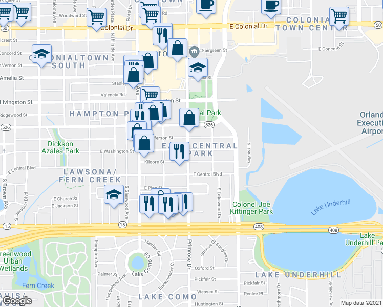 map of restaurants, bars, coffee shops, grocery stores, and more near in Orlando