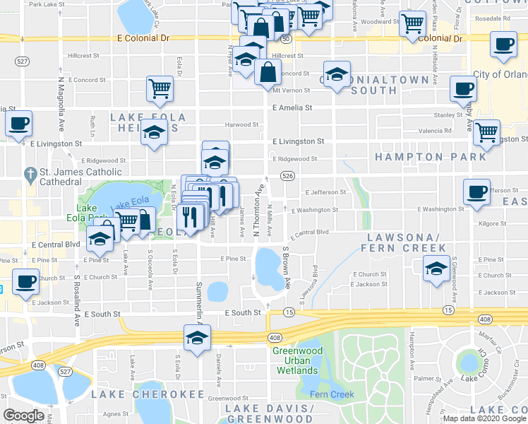 map of restaurants, bars, coffee shops, grocery stores, and more near in Orlando