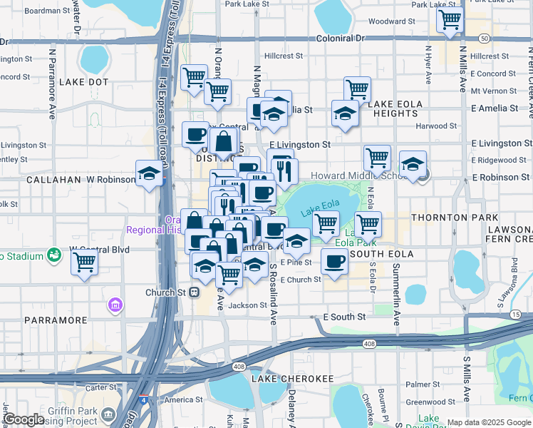 map of restaurants, bars, coffee shops, grocery stores, and more near in Orlando