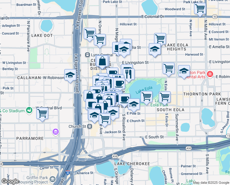 map of restaurants, bars, coffee shops, grocery stores, and more near 170 East Washington Street in Orlando