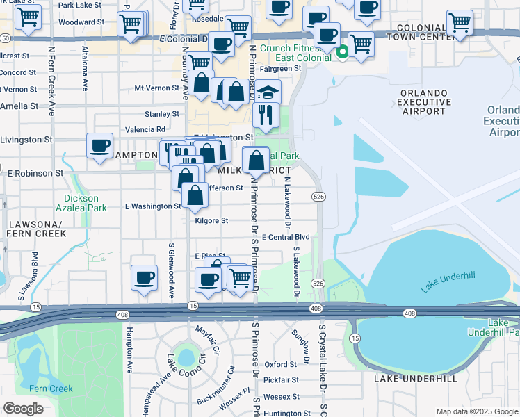 map of restaurants, bars, coffee shops, grocery stores, and more near in Orlando