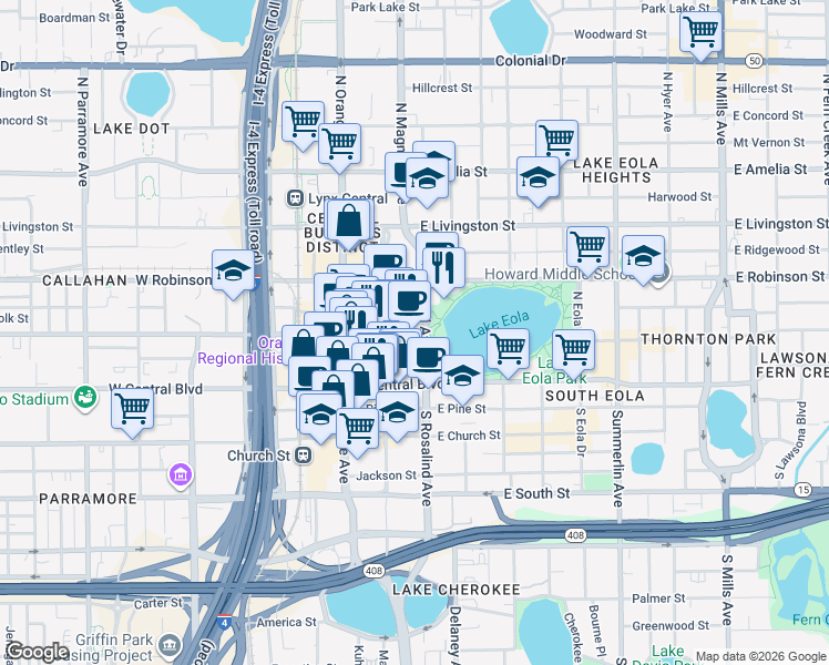 map of restaurants, bars, coffee shops, grocery stores, and more near 170 East Washington Street in Orlando