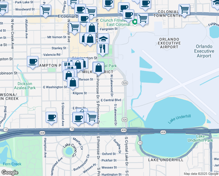 map of restaurants, bars, coffee shops, grocery stores, and more near 2916 East Washington Street in Orlando