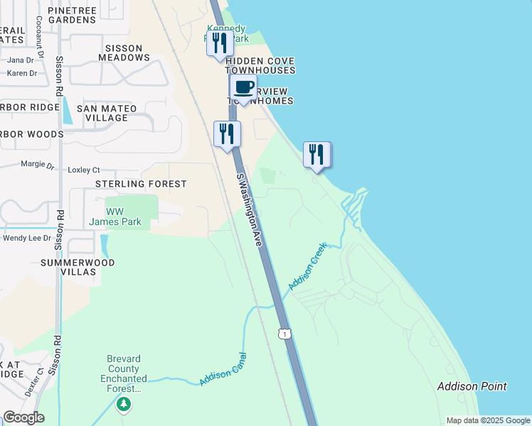 map of restaurants, bars, coffee shops, grocery stores, and more near 5445 South Washington Avenue in Titusville
