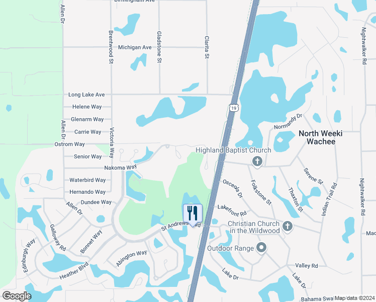 map of restaurants, bars, coffee shops, grocery stores, and more near 9344 Nakoma Way in Spring Hill