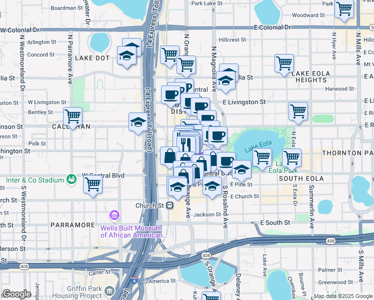 map of restaurants, bars, coffee shops, grocery stores, and more near 120 North Orange Avenue in Orlando