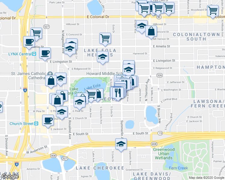 map of restaurants, bars, coffee shops, grocery stores, and more near 105 North Eola Drive in Orlando