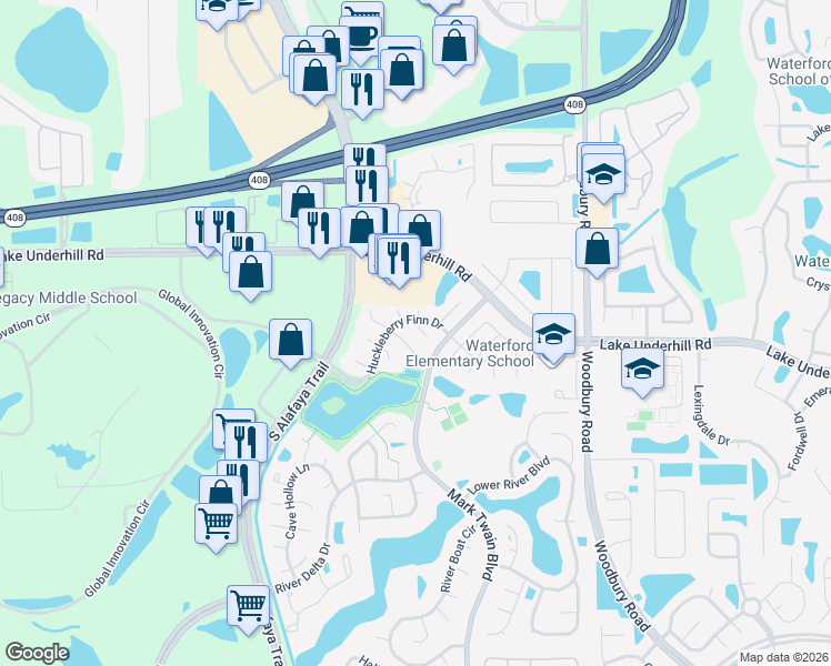 map of restaurants, bars, coffee shops, grocery stores, and more near 224 Pap Finn Court in Orlando