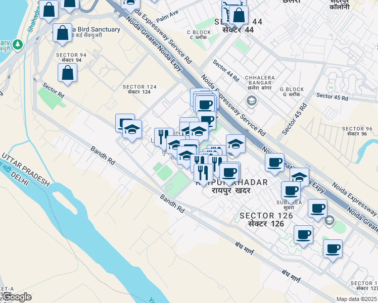 map of restaurants, bars, coffee shops, grocery stores, and more near Sector Road in Noida