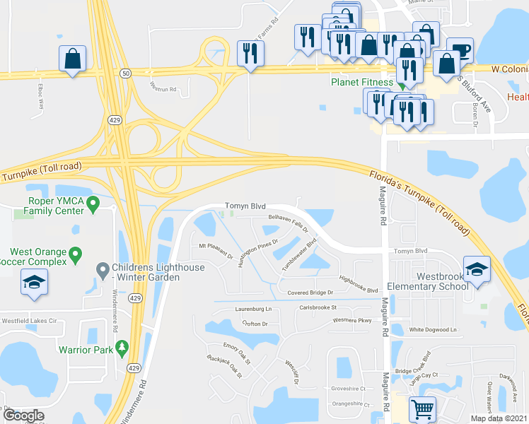 map of restaurants, bars, coffee shops, grocery stores, and more near 555 Belhaven Falls Drive in Ocoee