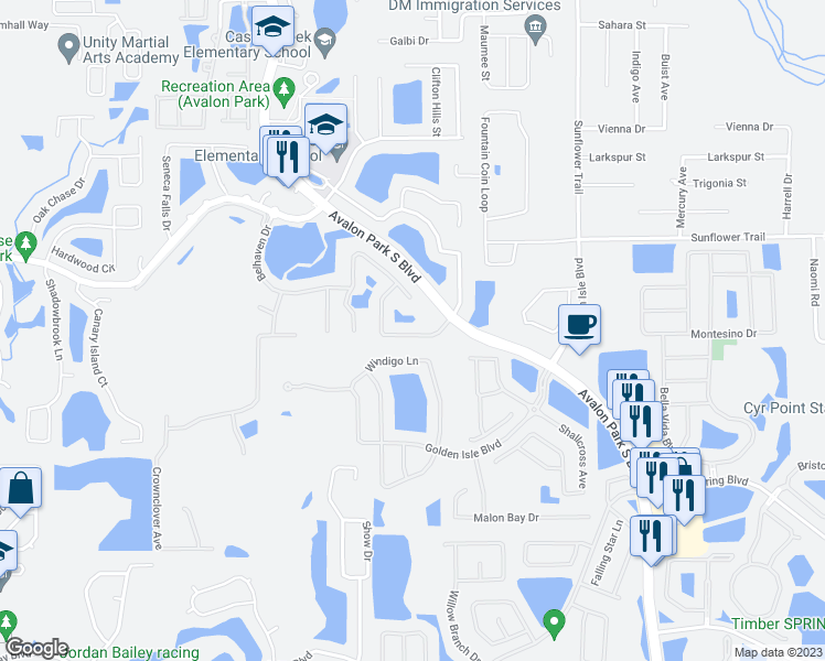map of restaurants, bars, coffee shops, grocery stores, and more near 15151 Moultrie Pointe Road in Orlando