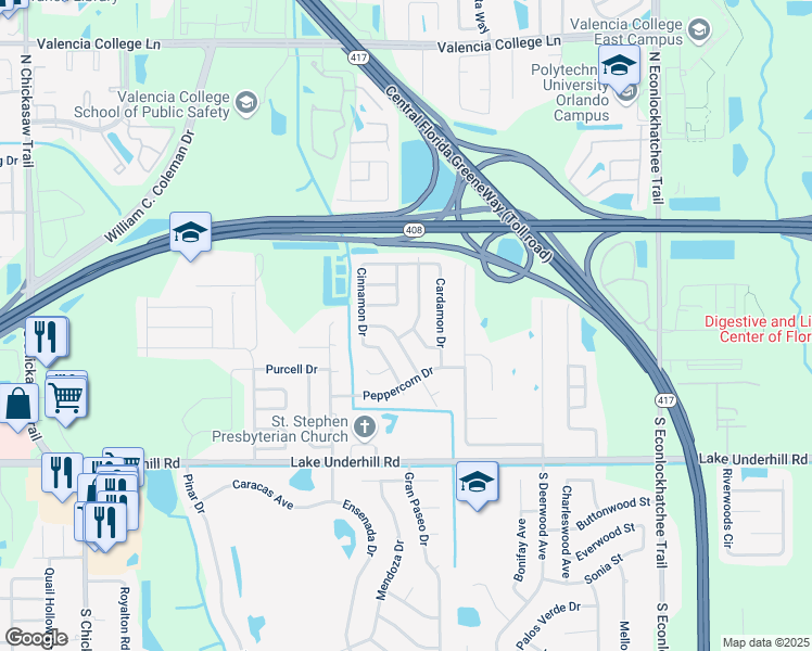 map of restaurants, bars, coffee shops, grocery stores, and more near 59 Wintergreen Way in Orlando