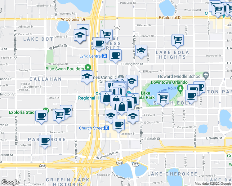 map of restaurants, bars, coffee shops, grocery stores, and more near 120 North Orange Avenue in Orlando