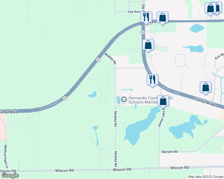 map of restaurants, bars, coffee shops, grocery stores, and more near 8016 Mobley Road in Brooksville