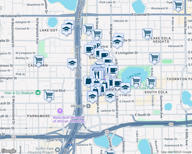 map of restaurants, bars, coffee shops, grocery stores, and more near 14 West Washington Street in Orlando