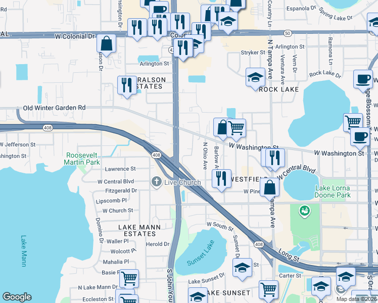 map of restaurants, bars, coffee shops, grocery stores, and more near 3590 Old Winter Garden Road in Orlando