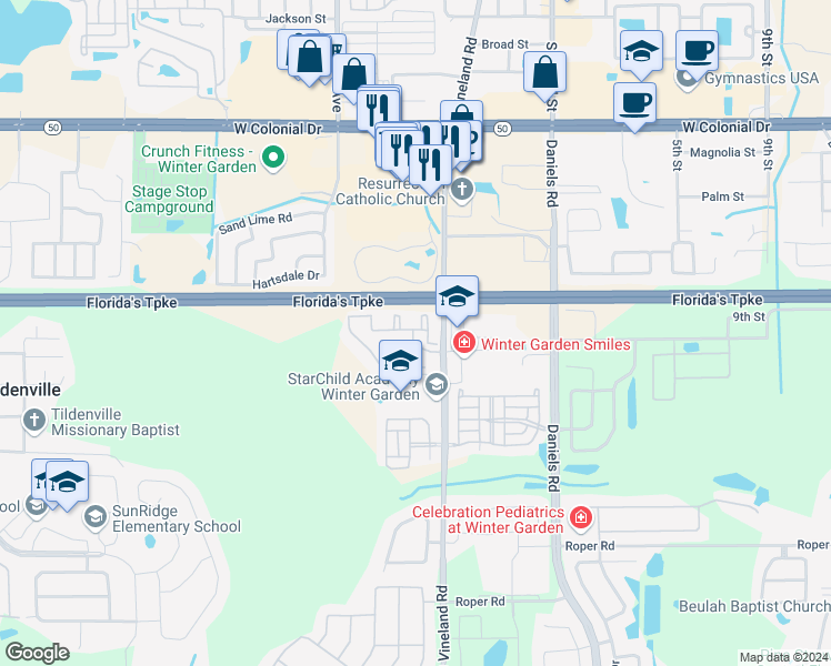 map of restaurants, bars, coffee shops, grocery stores, and more near 405 Southern Pecan Circle in Winter Garden