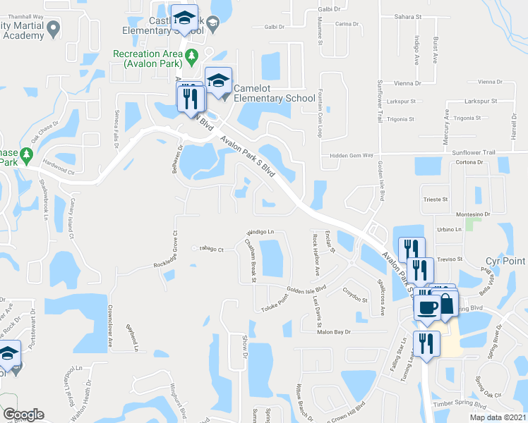 map of restaurants, bars, coffee shops, grocery stores, and more near 15126 Moultrie Pointe Road in Orlando