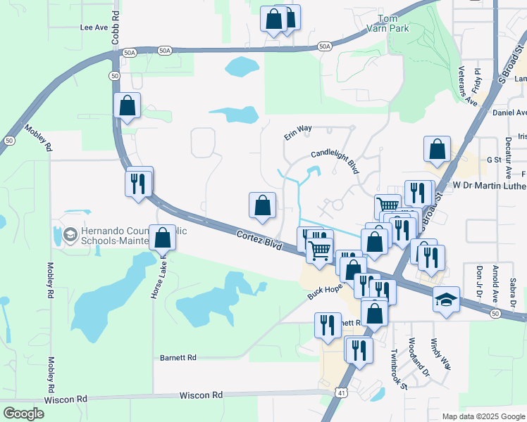 map of restaurants, bars, coffee shops, grocery stores, and more near 1410 Candlelight Boulevard in Brooksville