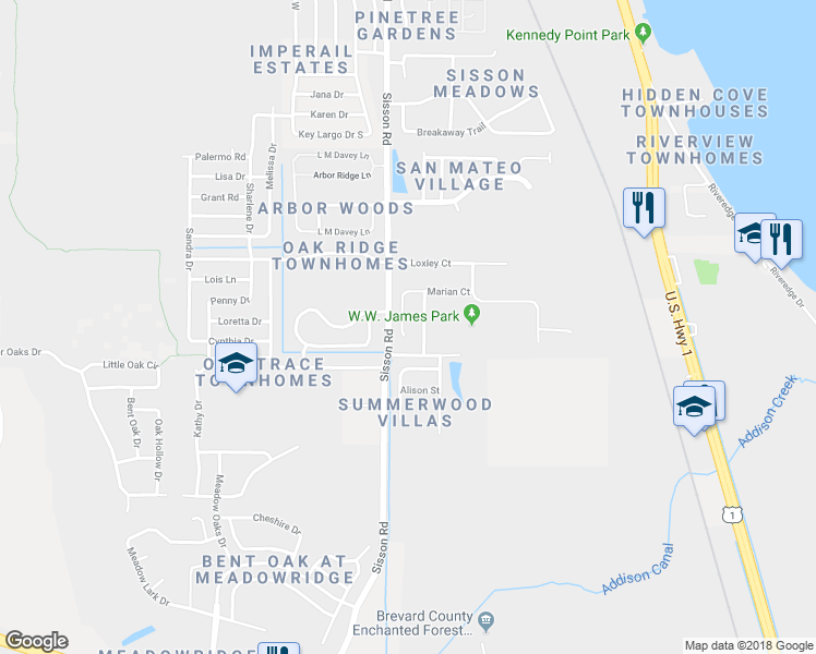 map of restaurants, bars, coffee shops, grocery stores, and more near 783 Marian Court in Titusville