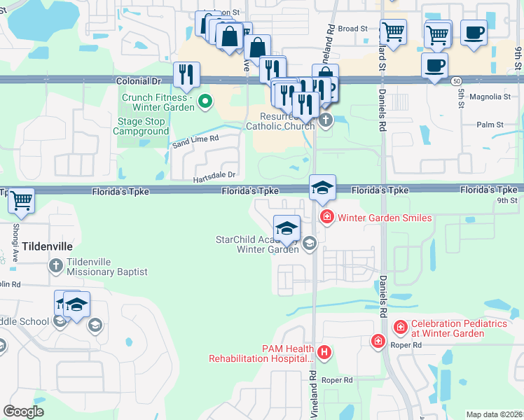 map of restaurants, bars, coffee shops, grocery stores, and more near 316 Southern Pecan Circle in Winter Garden
