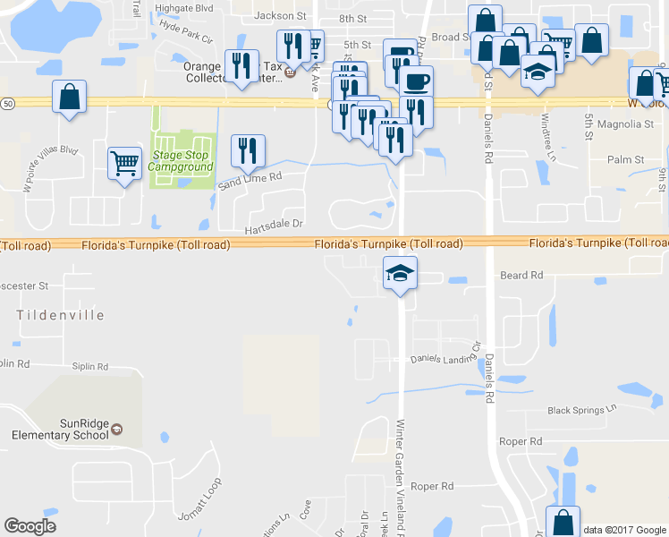 map of restaurants, bars, coffee shops, grocery stores, and more near 316 Southern Pecan Circle in Winter Garden